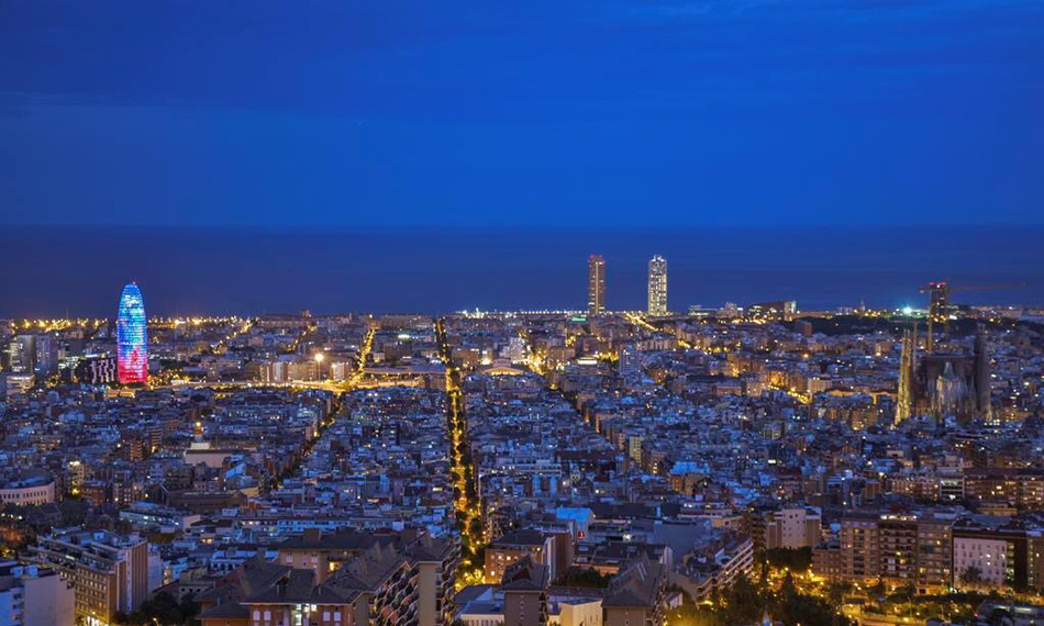 Barcelona at night, with the Sagrada Família and the Agbar Tower